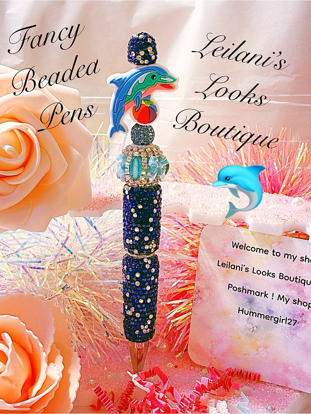 Beaded Dolphin Top Blue Crystal Pen/
 Fancy beaded Pen/gifts/dolphin/ beach ball